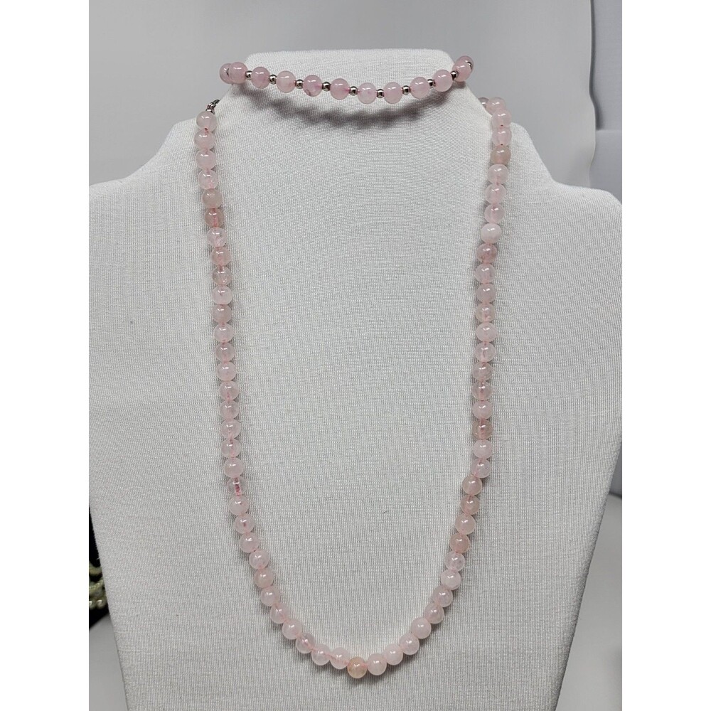 Hand-Knotted Rose Quartz Bead Necklace 18" & Bracelet Set Pink Polished Stones